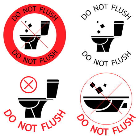 Do not flush. Toilet no trash. Please do not flush paper towels, sanitary products, icons. Prohibition icons. No littering, warning symbol. Forbidden icon. Vector isolatedのイラスト素材