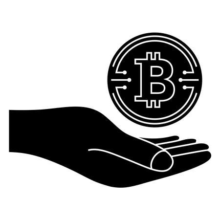 Bitcoin coin. Crypto currency coin bitcoin symbol. Cryptocurrency . Digital fashion marketing template. Hand with digital money. Glyph icon. Vector illustration isolated on white backgroundのイラスト素材