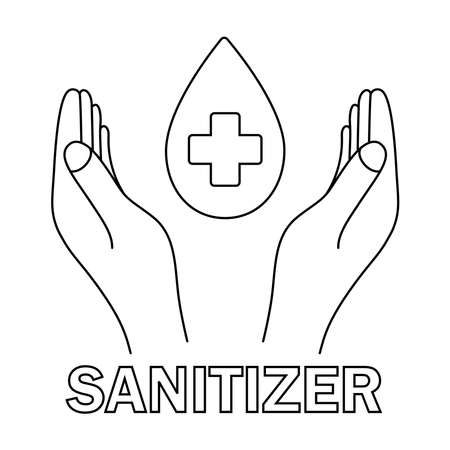 Hands with water drops and with medical cross. Sanitizer symbol. Concept of hygiene, cleanliness, disinfection. Antibacterial hand gel icon. Anti bacterial, antiseptic. Sanitary cleaning sign. Vectorのイラスト素材