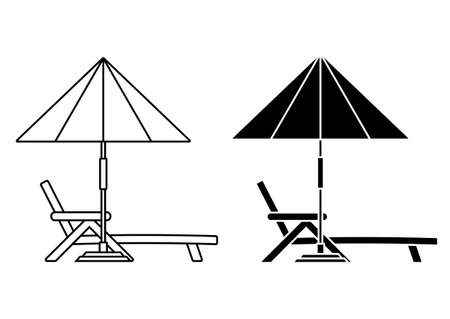Deck chair, lounge or sun bed with a beach umbrella. Outline and glyph style. Beach or pool umbrella linear icon with sun bed. Contour symbol. The symbol of a holiday by the seaのイラスト素材