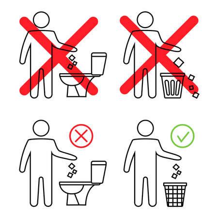 Do not litter in the toilet. Toilet no trash. Keeping the clean. Man littering in toilet. Forbidden icon. Throwing garbage in a bin. Editable stroke. Vector, isolated on white backgroundのイラスト素材