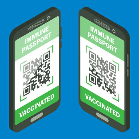 Travel immune passport in mobile phone.  immunity certificate for safe traveling or shopping. Electronic health passport with QR code. Immunity digital document from  virusのイラスト素材