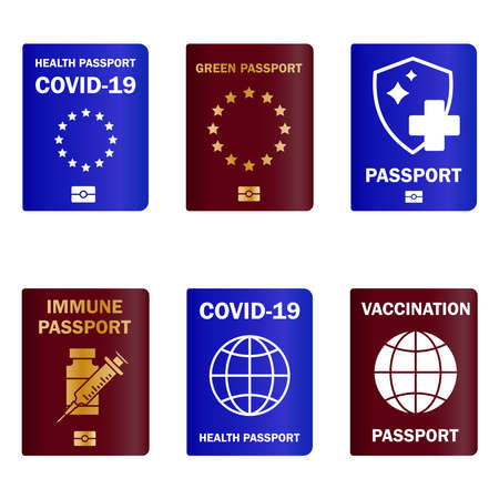 Set of immunity passports. Travel immune document. Checking immunization against diseases. Control Covid-19 in European Union. Immunity paper document from coronavirus. Green health passport. Vectorのイラスト素材
