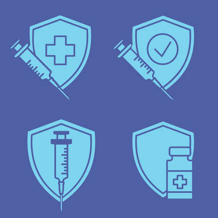 Success immunization. Medical disposable syringe, vaccine vial and shield.  virus vaccination with vaccine bottle and syringe. Antiviral and immunization concept. Glyph icons. Vectorのイラスト素材