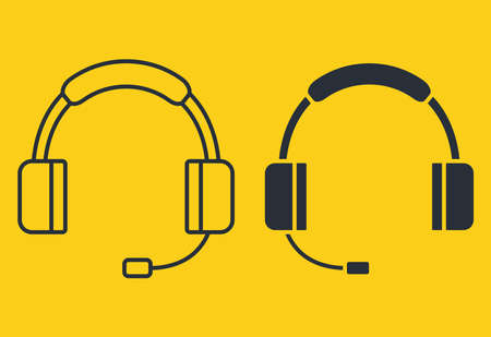 Earphones icon. Headphones in glyph and in outline style. Headset in silhouette. Headphones with microphone, can be used for listening music, customer service or support, online events. Vectorのイラスト素材