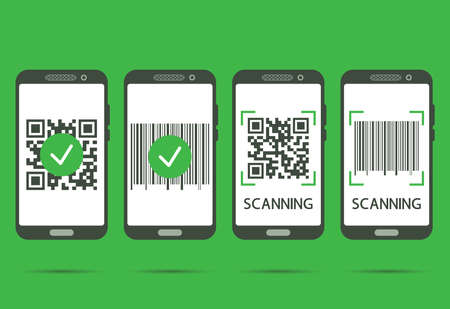 Scan QR code with mobile phone. QR code scans completed. Machine-readable barcode on smartphone screen. Verification or payment concept. Vector illustration isolated on green backgroundのイラスト素材