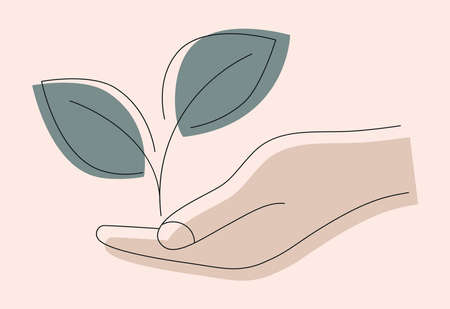 Growing leaves in the hand. Giving hand with young plant in soil.のイラスト素材