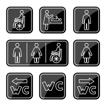 Restroom icons. Man, woman, wheelchair person symbol and baby changing. Male, Female, Handicap toilet sign. WC line icons. Vectorのイラスト素材