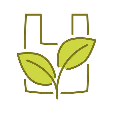 Plastic bag with leaf, icon. Biodegradable, compostable and bio plastic. Eco friendly compostable material production. Zero waste, nature protection concept. Vector Illustrationのイラスト素材