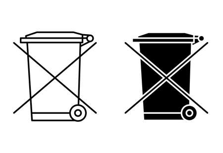 The crossed out wheelie bin. Waste electrical and electronic equipment recycling sign. Forbidden sign for electronic litter. Outline and glyph icon of dumpster. Vectorのイラスト素材