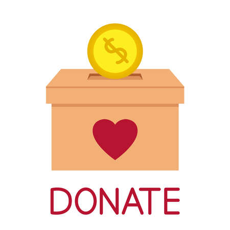 Donation box. Throwing coin in a box for donations. Donate, giving money and love. Concept of charity. Give and share your love with people. Humanitarian volunteer activity. Vectorのイラスト素材