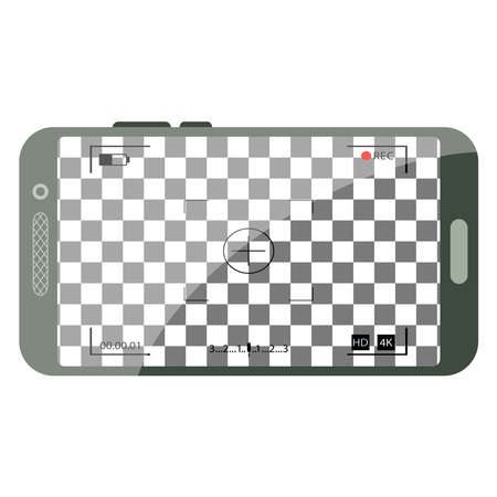 Camera interface in phone screen. Photo, video ui in cellphone. App for record from mobile cam. Viewfinder, grid, focus, button and rec. Vectorのイラスト素材