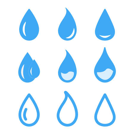 Set of blue color water drops. Flat droplet shapes collection. liquid symbol. Outline and flat styleのイラスト素材