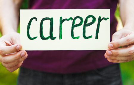 Oil Painting stroke sketch.Male's hands holds a cardboard sign. Careerの写真素材