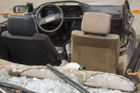 car completely destroyed with broken glass after the traffic accidentの写真素材