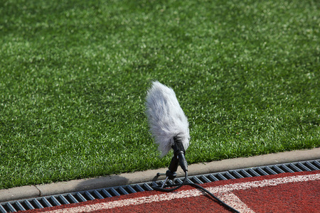 Professional sport microphone on a football field with windshield for live sport broadcastingの写真素材