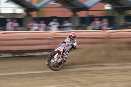 DAUGAVPILS, LATVIA - May 1, 2016. Speedway riders on the track. Match of polish league NICE Lokomotiv - Stal  52:37のeditorial素材