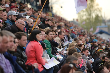 DAUGAVPILS, LATVIA - May 1, 2016. fans in the stands. Match of polish league NICE Lokomotiv - Stal  52:37のeditorial素材