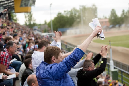 DAUGAVPILS, LATVIA - May 22, 2016: Fanats on the tribunes in match of polish NICE league Lokomotiv -...