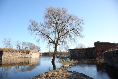 Dawns of the Daugavpils fortress during the spring high waterの写真素材