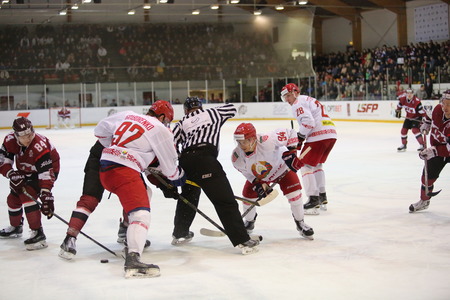 DAUGAVPILS, LATVIA - April 8, 2017: Ice Hockey Challenge Latvia - Belorussia 3:0. The game moment of a hockey gameのeditorial素材