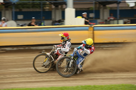 DAUGAVPILS, LATVIA -August 20, 2017: Speedway riders on the track. Race ofPolish NICE league. First semifinal Lokomotiv - Gdansk 46:44のeditorial素材