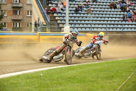 DAUGAVPILS, LATVIA -August 20, 2017: Speedway riders on the track. Race ofPolish NICE league. First semifinal Lokomotiv - Gdansk 46:44のeditorial素材