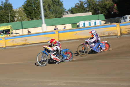 DAUGAVPILS, LATVIA -September 24, 2017: Speedway riders on the track. Open individual Latvian championship 2017のeditorial素材
