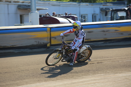 DAUGAVPILS, LATVIA -September 24, 2017: Speedway riders on the track. Open individual Latvian championship 2017のeditorial素材