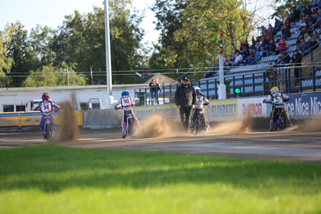 DAUGAVPILS, LATVIA -September 24, 2017: Speedway riders on the track. Open individual Latvian championship 2017のeditorial素材