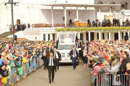 24.09.2018. AGLONA, LATVIA. His Holiness Pope Francis driving at Pope Mobile, before Holy Mass at Aglona Basilicaのeditorial素材