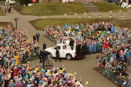 24.09.2018. AGLONA, LATVIA. His Holiness Pope Francis driving at Pope Mobile, before Holy Mass at...