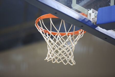 Low angle view of basketball hoop in court and blue shield