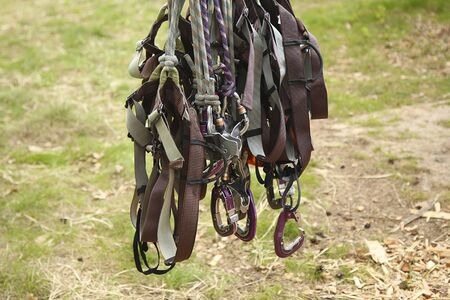 Safety belts with carbines. obstacle course equipment.の写真素材
