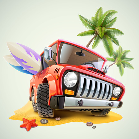 summer jeep car on beach with palmのイラスト素材