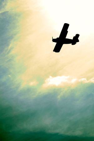 aircraft flies in the sky among clouds