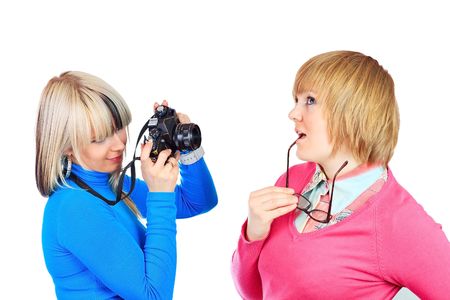 girl photographing his girlfriendの写真素材