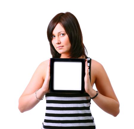 Beautiful girl holding a frameの写真素材