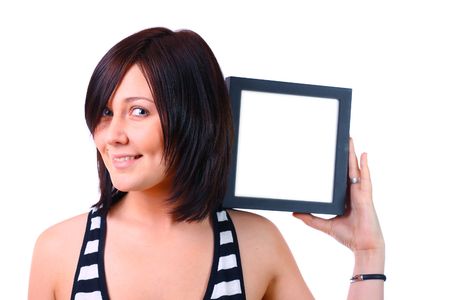 Beautiful girl holding a frameの写真素材