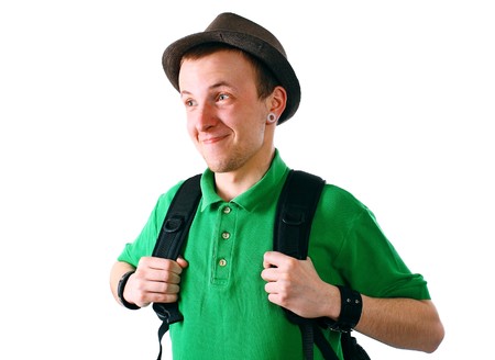 Young tourist on a white backgroundの写真素材