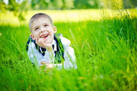 Little boy in green grassの写真素材