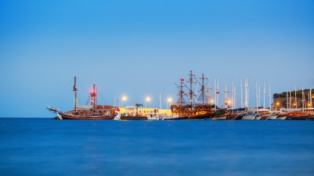 Ships moored at night