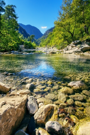 Idyllic valley with mountain riverの写真素材