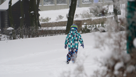 Little cute child standing backwards on the snow-covered lawn in winter parkの写真素材
