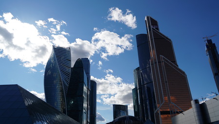MOSCOW - SEPTEMBER 17, 2018: Moscow International Business Center. View of Moscow-City skyscrapers with futuristic design. Wonderful modern building against evening sky.のeditorial素材