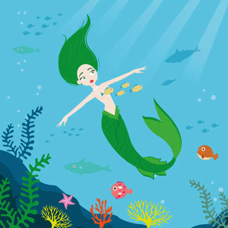 Mermaid swims underwater at the bottom of the seaのイラスト素材