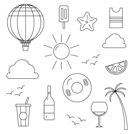 summer doodles set of 15 objects vector line artのイラスト素材
