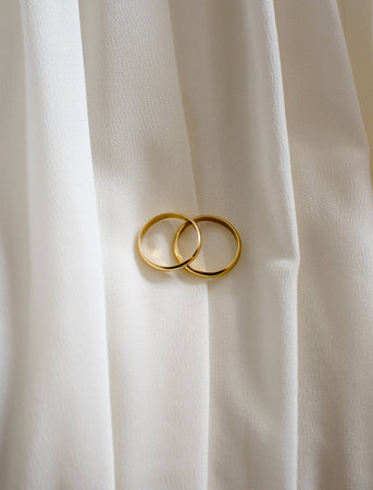 Wedding rings on bride's dressの写真素材