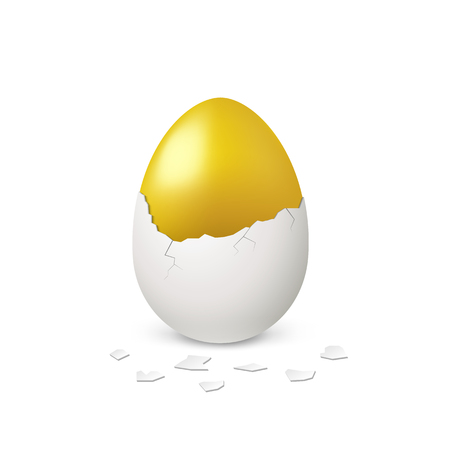 Golden egg in white eggshell on white background. Vector realistic egg.のイラスト素材