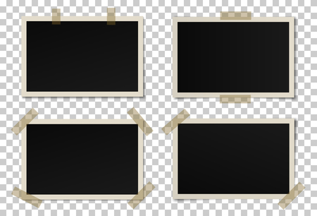 Vector set of black photo frames with various shadows. Glued with adhesive tape mock up of framesのイラスト素材
